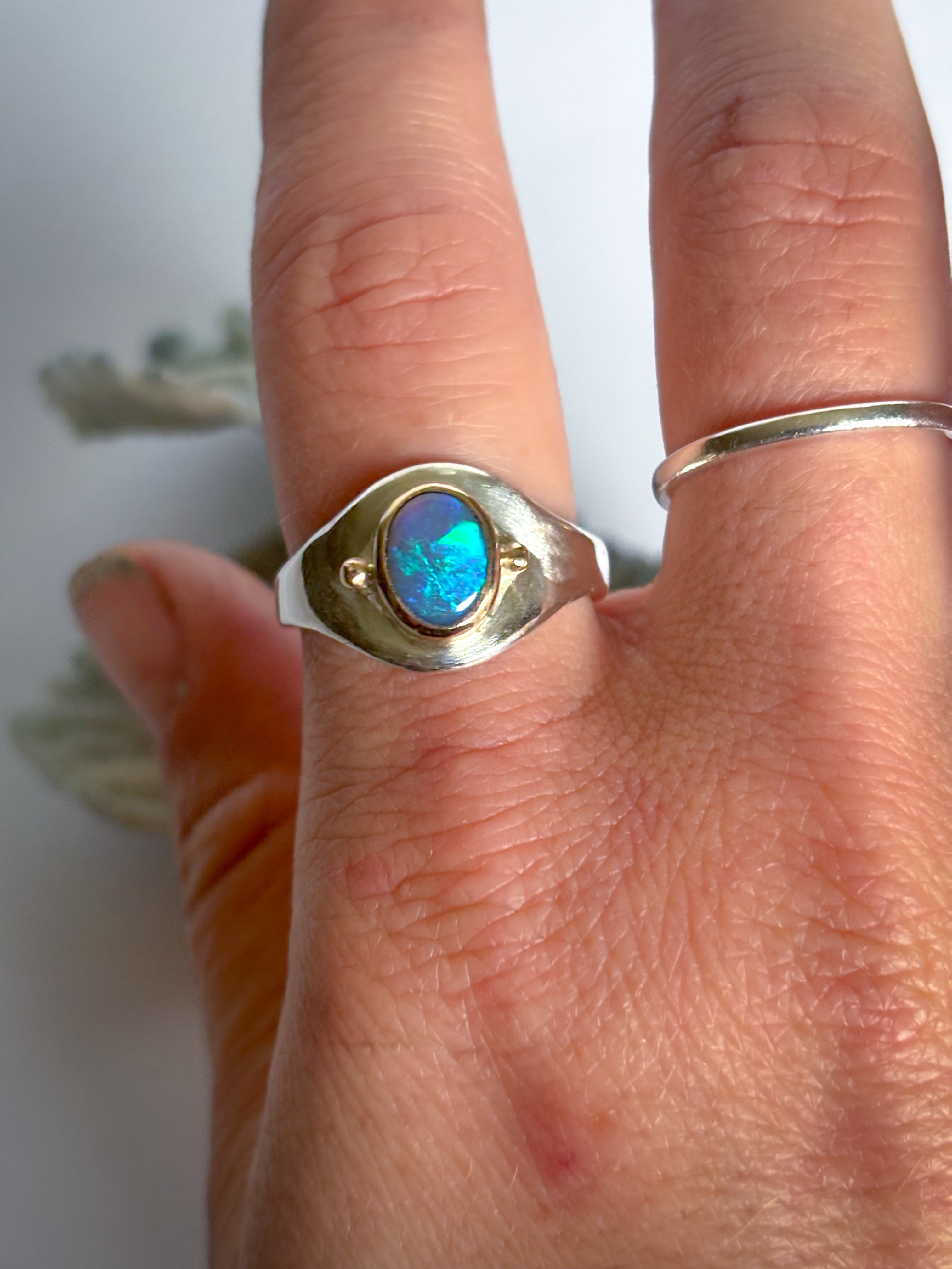 Modern Blue and Green Australian Opal. 14K Gold and Sterling Silver handmade ring. 