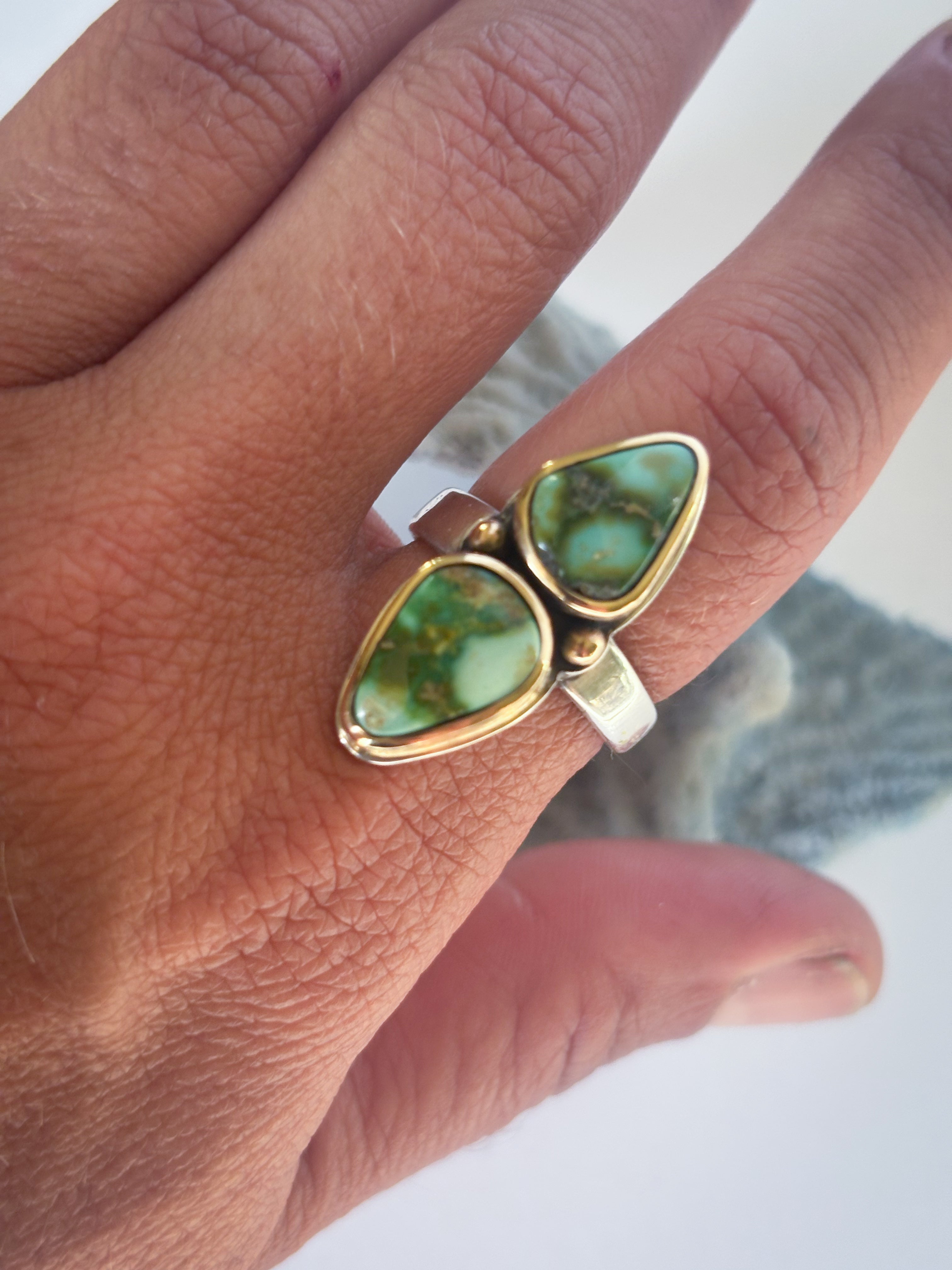 Two Stone Statement Ring | Sonoran Gold Turquoise, 14K Gold, & Sterling Silver | Size 7